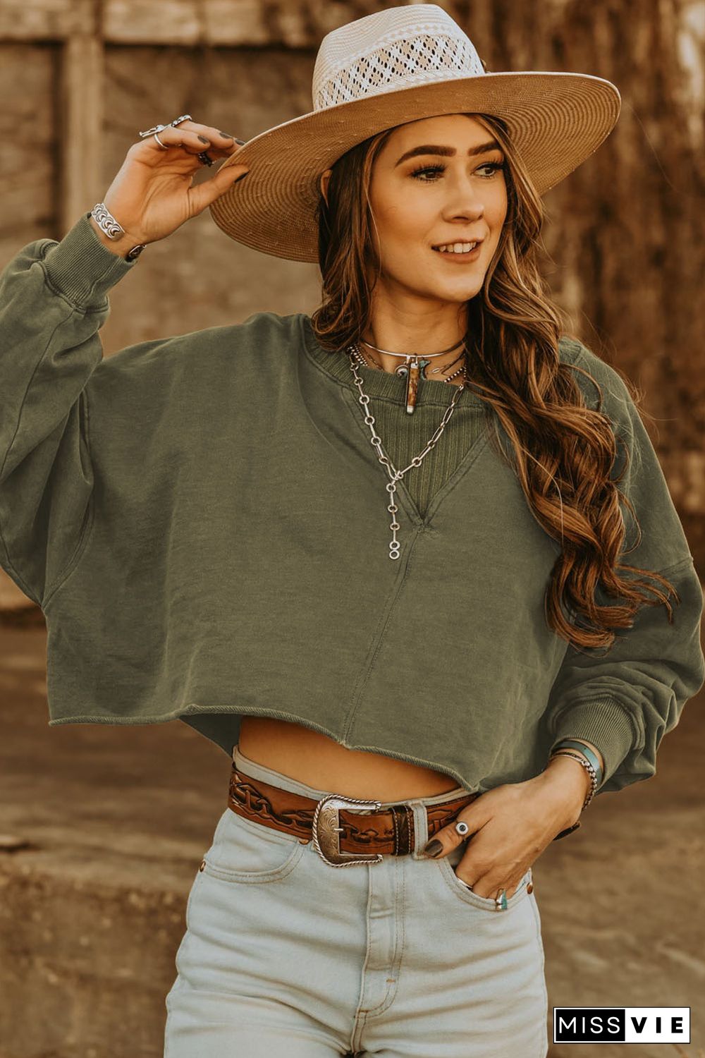 Green Drop Shoulder Cropped Sweatshirt