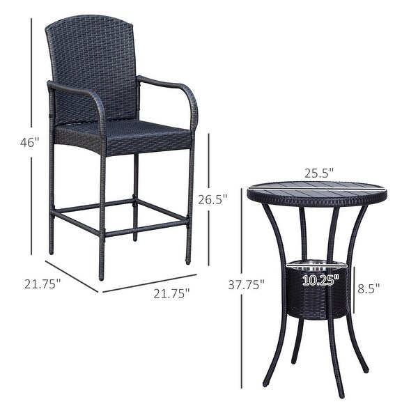 3 Pieces Rattan Wicker Bar Set with Ice Buckets，1 Bar Table and 2 Bar Stools for Poolside，Backyard，Porches