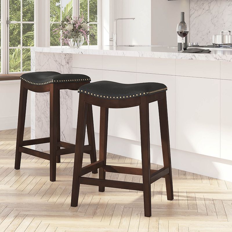 Merrick Lane Abel 30'' Backless Saddle Style Barstool Traditional Wood Barstool with Nail Accent Trim