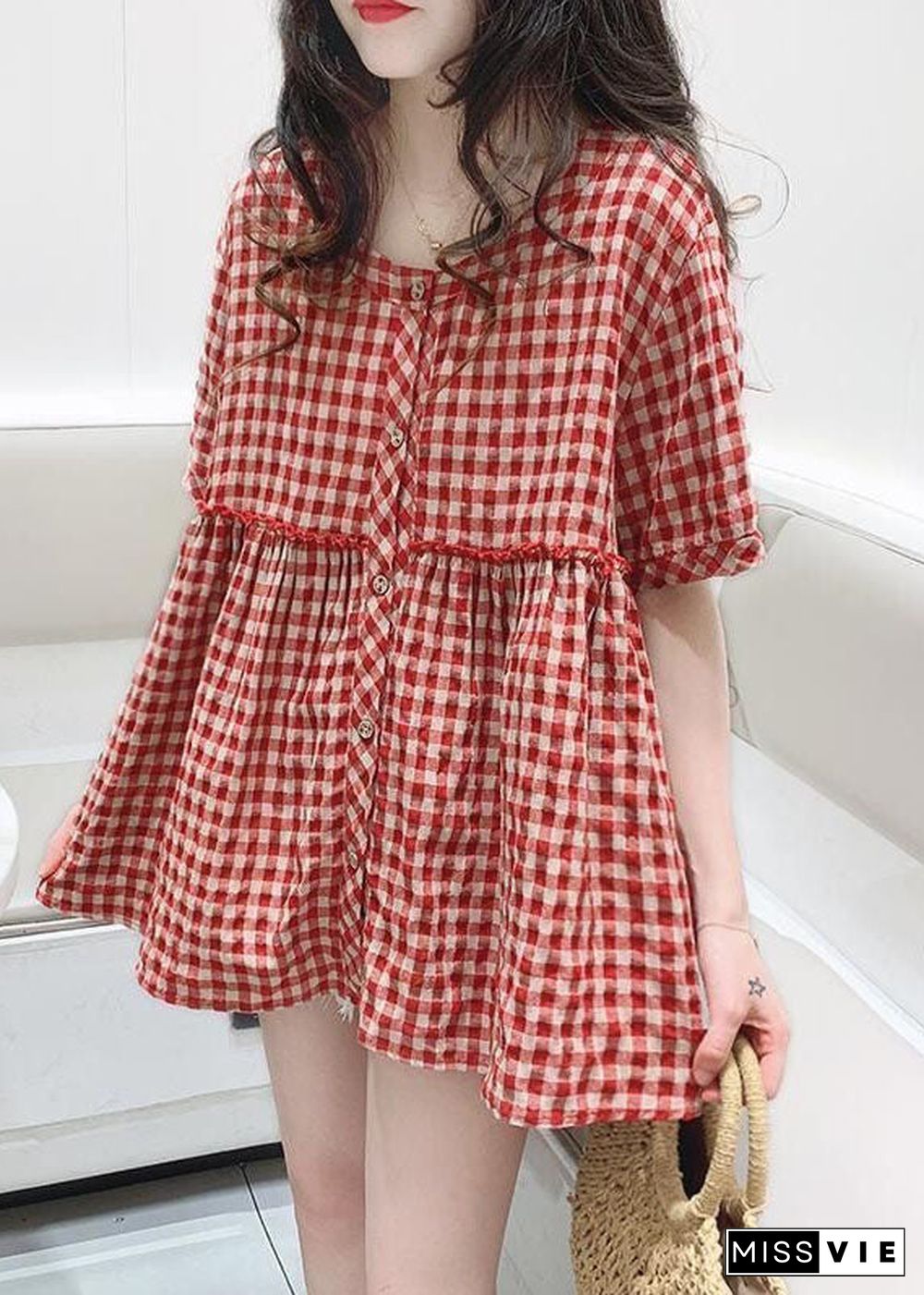 Women Red O Neck Plaid Wrinkled Patchwork Cotton Shirt Top Summer