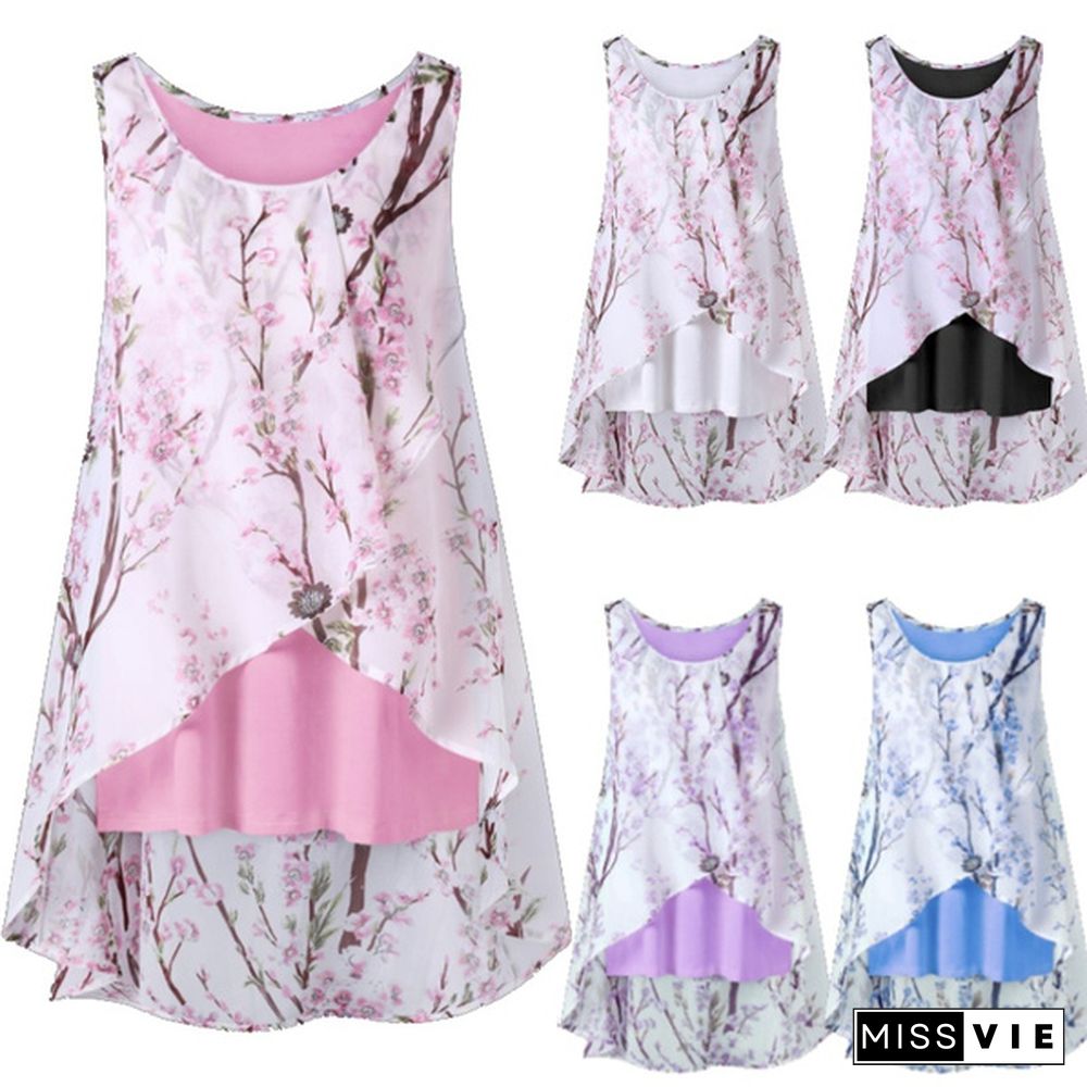 New Summer Women's Fashion Casual Floral Print Tank Top Loose Sleeveless Tops Ladies Double Layer Chiffon Tees Shirt Irregular Hem Tunic Top Plus Size S-5XL