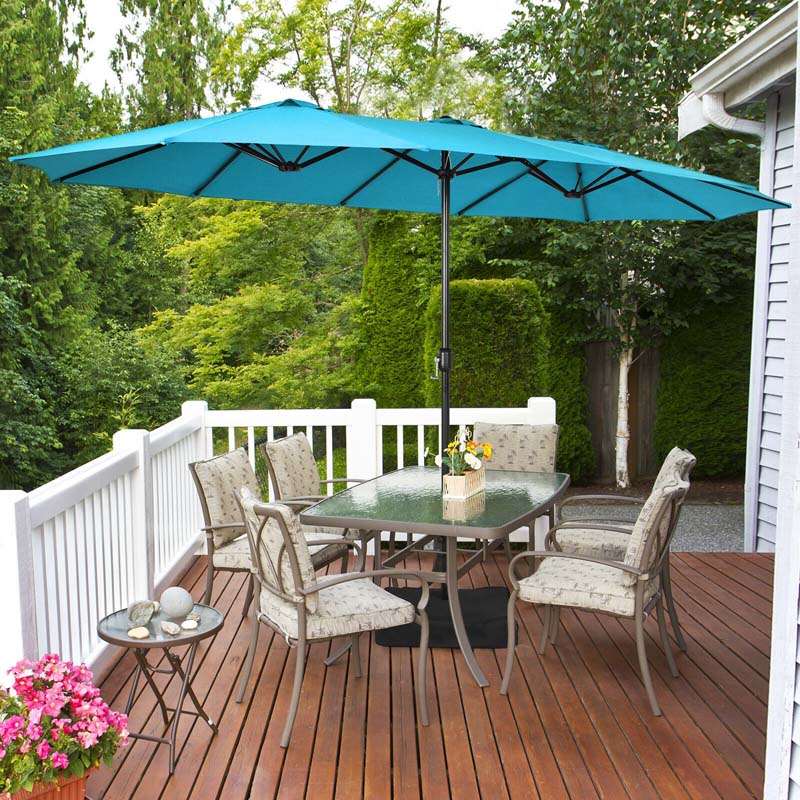 15FT Double-Sided Twin Patio Umbrella with Base & Crank System, Extra-Large Cantilever Market Umbrella