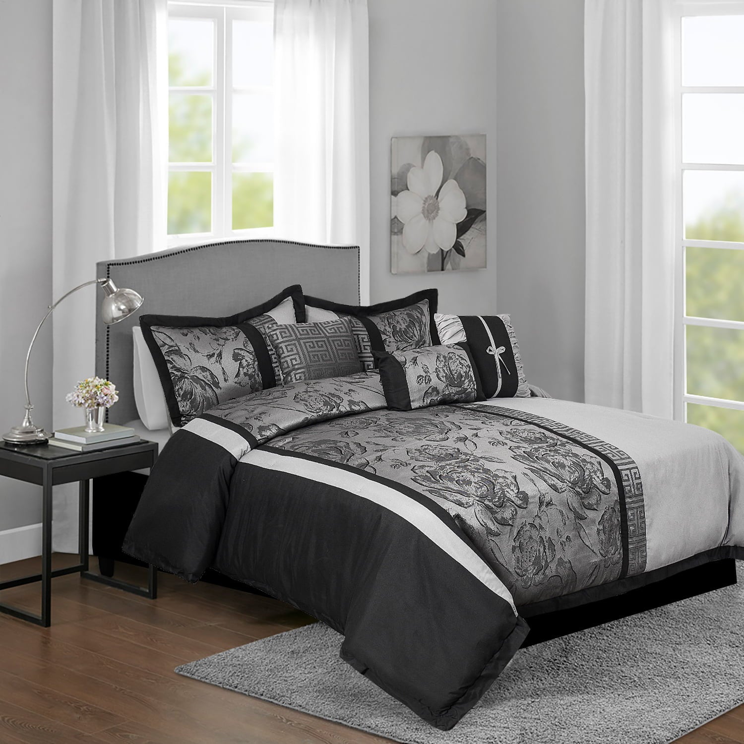 HIG 7 Piece Comforter Set Queen-Gray Jacquard Fabric Patchwork-PEONY Bed In A Bag Queen Size- Soft Texture，Smooth，Good Drapability-Includes 1 Comforter，2 Shams，3 Decorative Pillows，1 Bedskirt