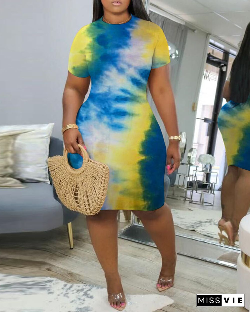 Short Sleeve O-neck Tie Dye Print T-shirt Dress