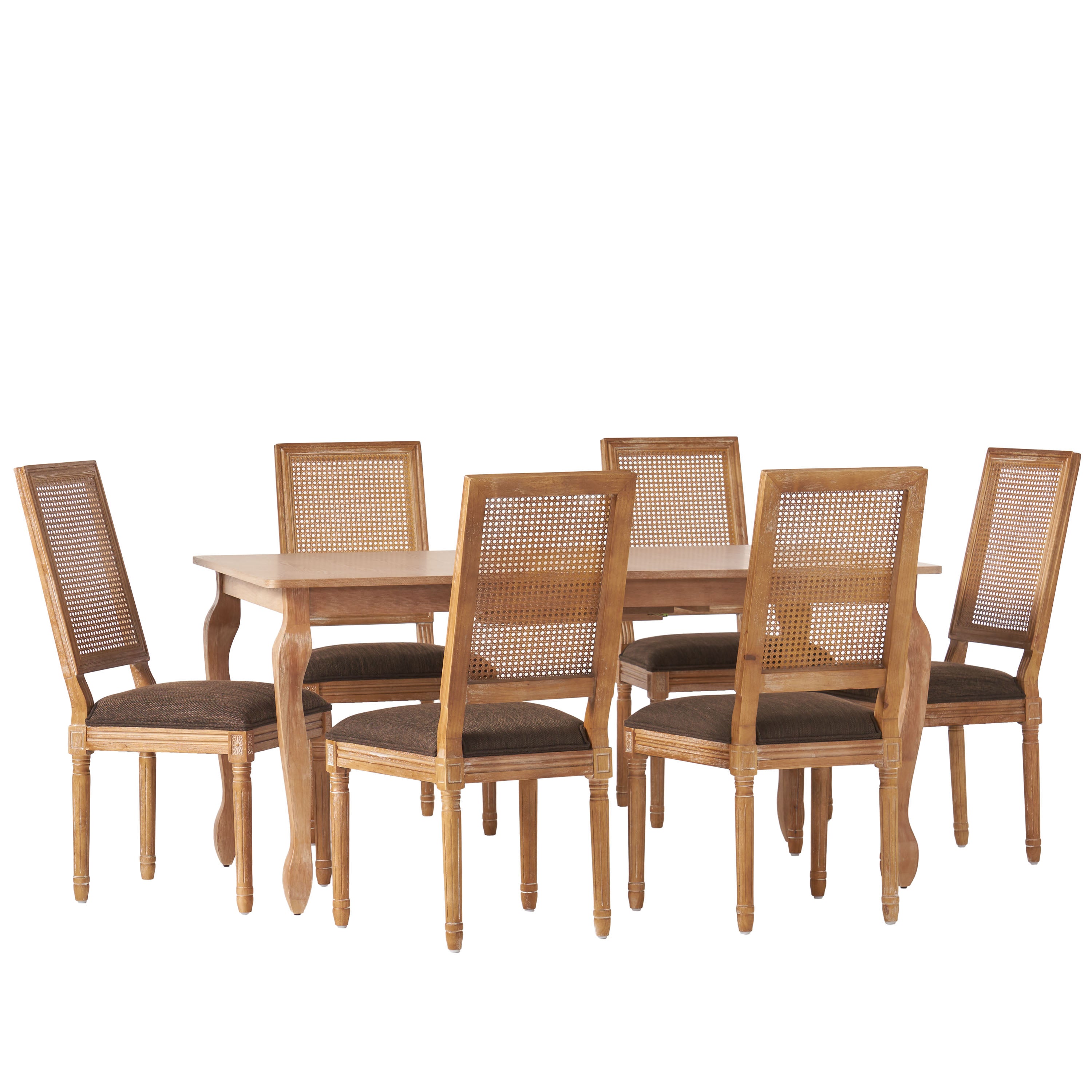 Fernleaf French Country Fabric Upholstered Wood and Cane Expandable 7 Piece Dining Set