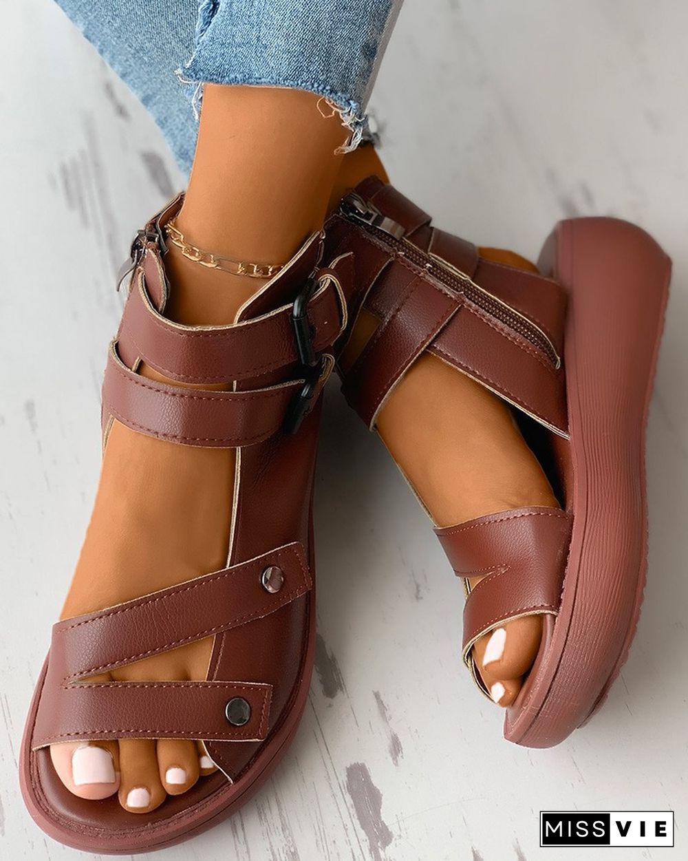 Double Strap Ankle Buckled Flat Sandals