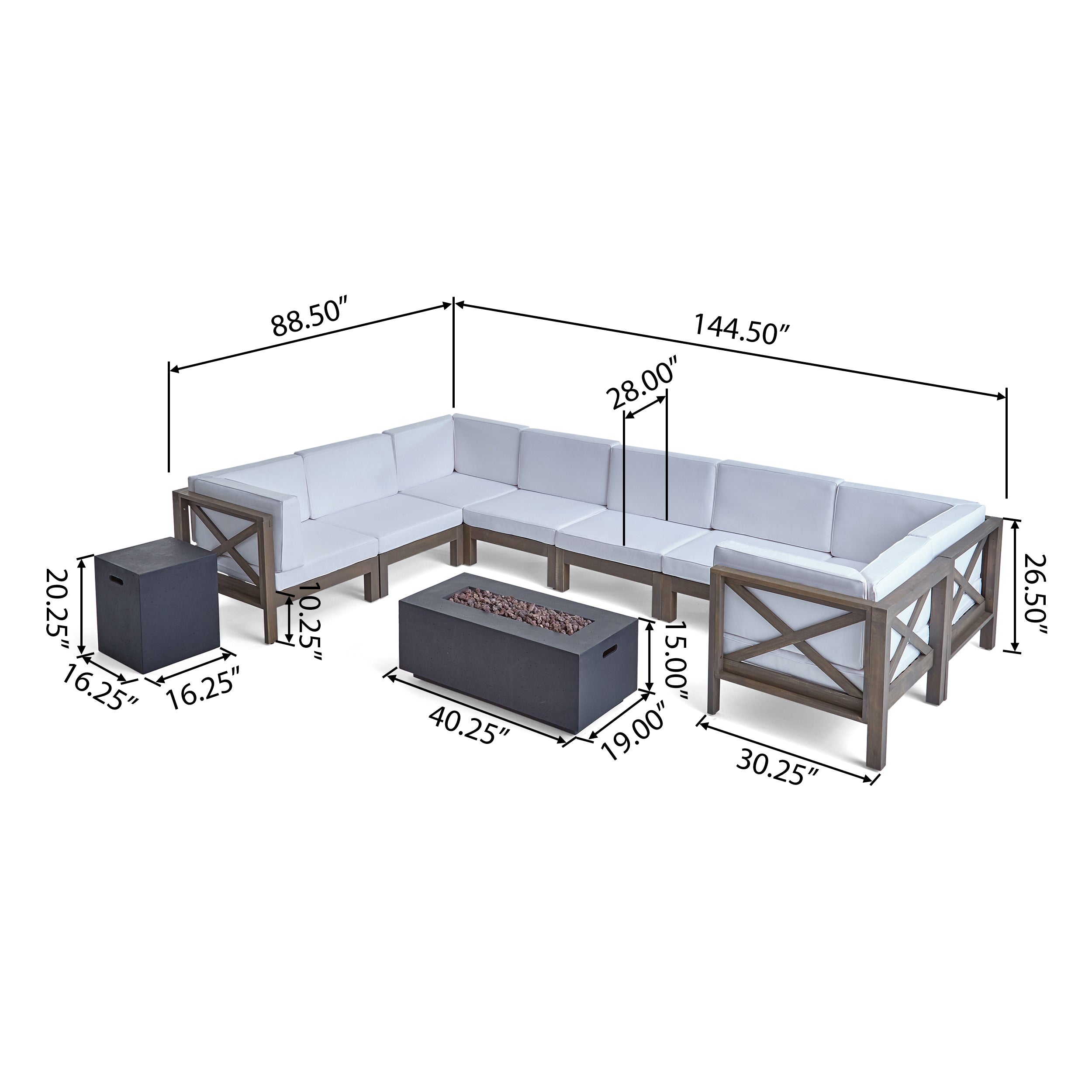 Cynthia Outdoor Acacia Wood 10-Piece U-Shaped Sectional Sofa Set with Fire Pit