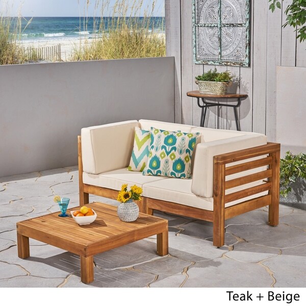 Oana Outdoor 2Seater Acacia Wood Sectional Loveseat and Coffee Table Set with Cushions by Christopher Knight Home