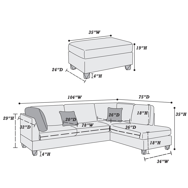 Bobkona Dervon Polyfabric Left or Right Hand Chaise Sectional with Ottoman Set, Multiple Colors