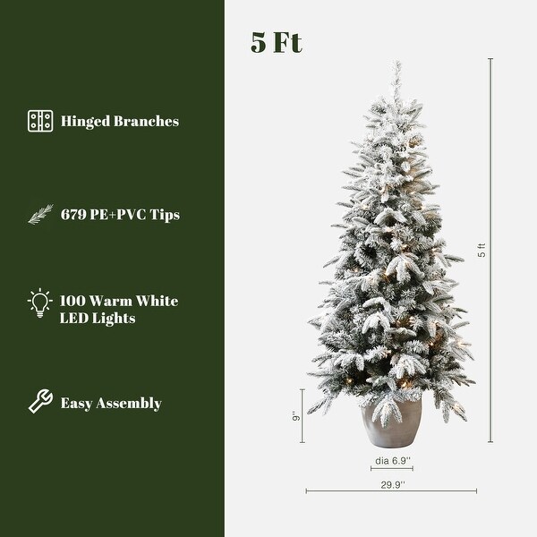 5Ft PreLit Snow Flocked Slim Fir Potted Artificial Christmas Tree