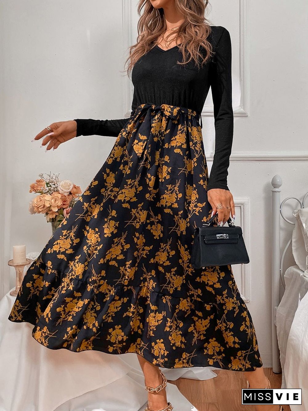 Women'S Dresses V-Neck Print Panel Long Sleeve Dress