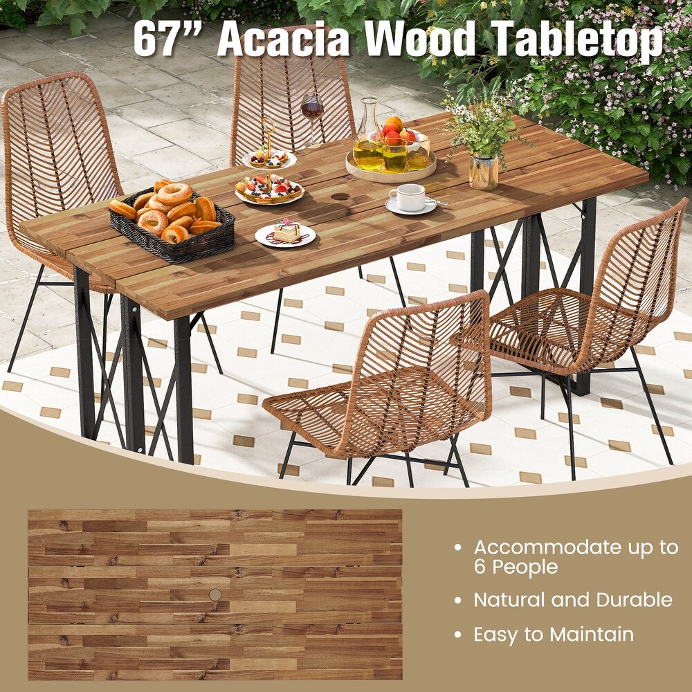 67 Inch Patio Rectangle Acacia Wood Dining Table with Umbrella Hole   67\