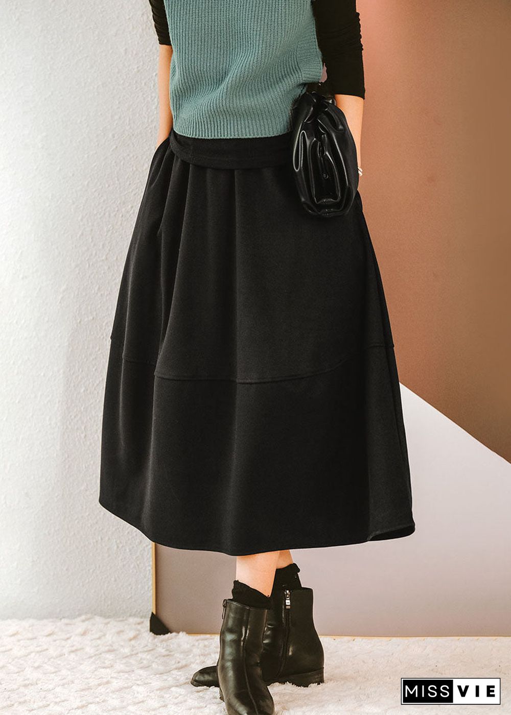 Black Patchwork Thick Woolen A Line Skirts Winter