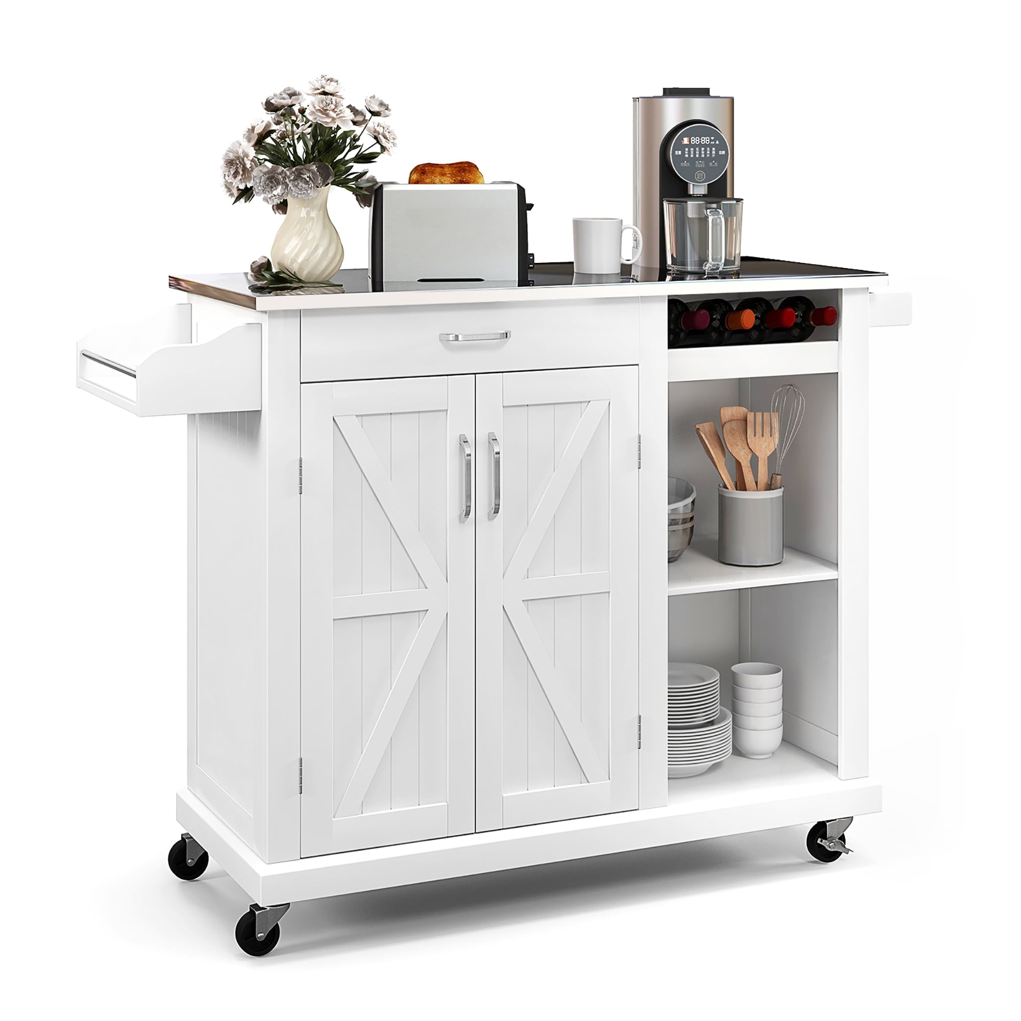 Costway Kitchen Island Cart Rolling Utility Trolley Stainless Steel Top Wine Rack White