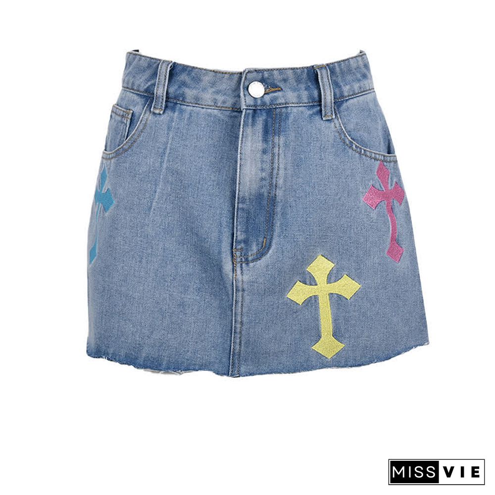 Cross Embroidery High Waist Denim Skirt