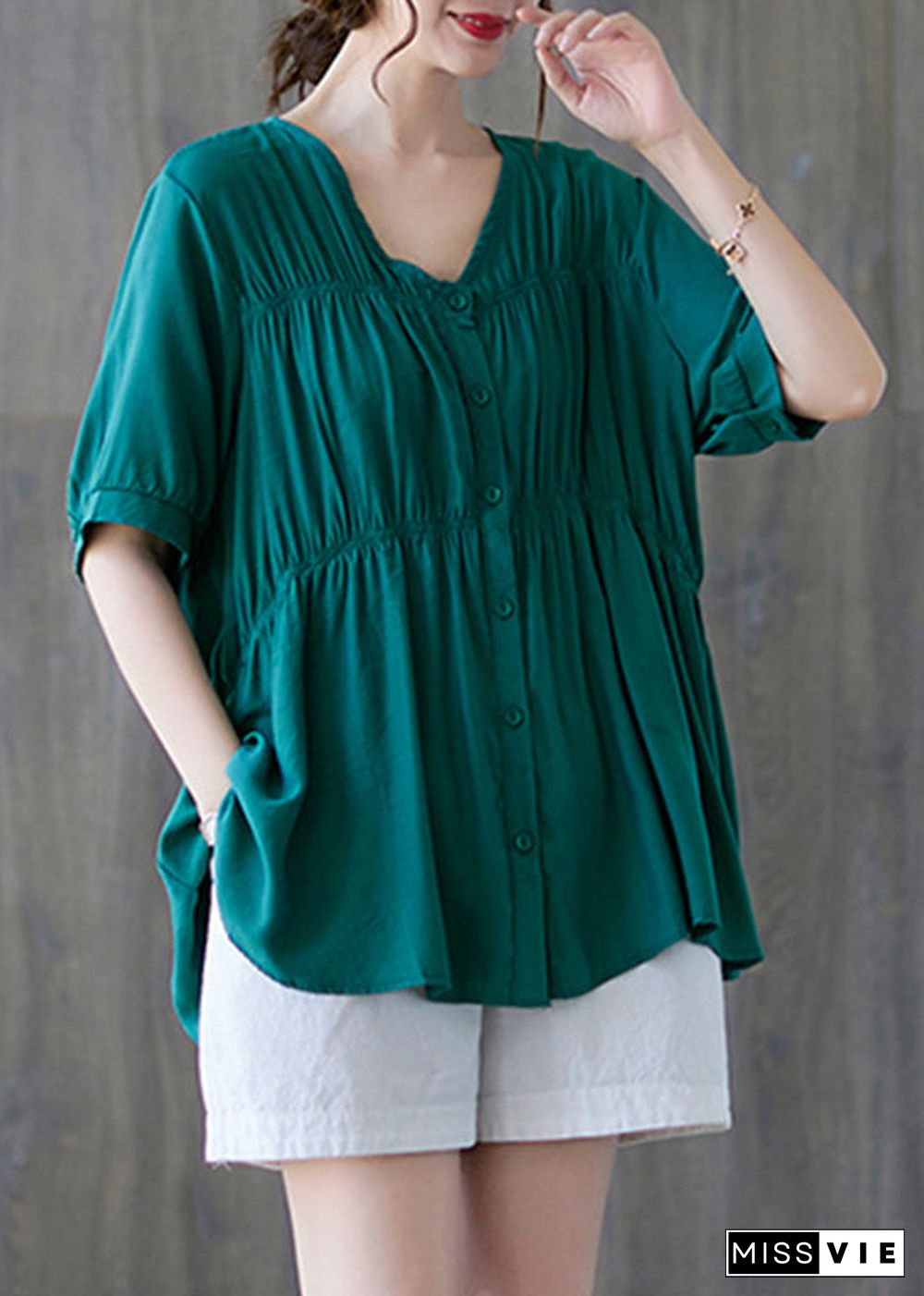 Women Green V Neck Buttton wrinkled Cotton Shirt Tops Short Sleeve