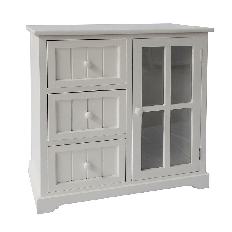 24 Inch Paulownia Wood Accent Cabinet， 3 Drawers， 1 Glass Door， White