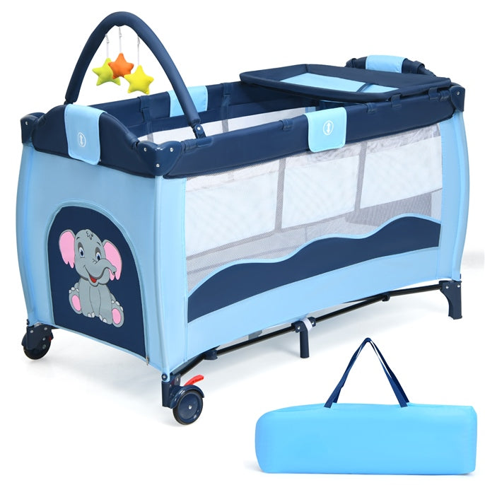 BABY JOY 3 in 1 Pack and Play, Portable Playard with Hanging Toys, 2 Lockable Wheels Diaper Changing Table