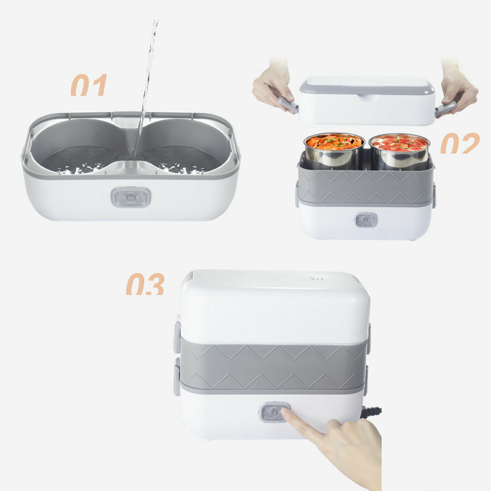 Oukaning 2 Layer Electric Heated Lunch Box Portable Food Warmer Stainless Steel 110V