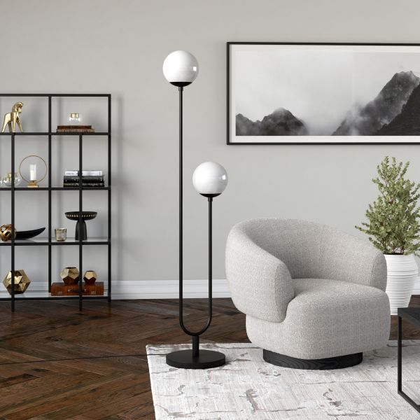 Dufrene 2-Light Floor Lamp with Glass Shades in Blackened Bronze/White Milk