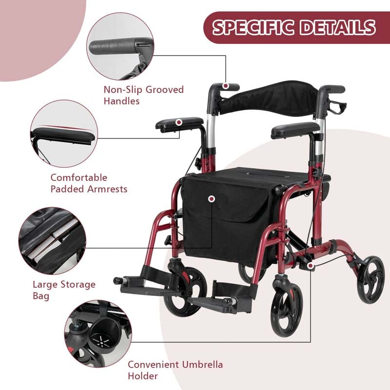 2 in 1 Rollator Walker Wheelchair Folding Medical Walker Rolling Transport Chair Mobility Walking Aid