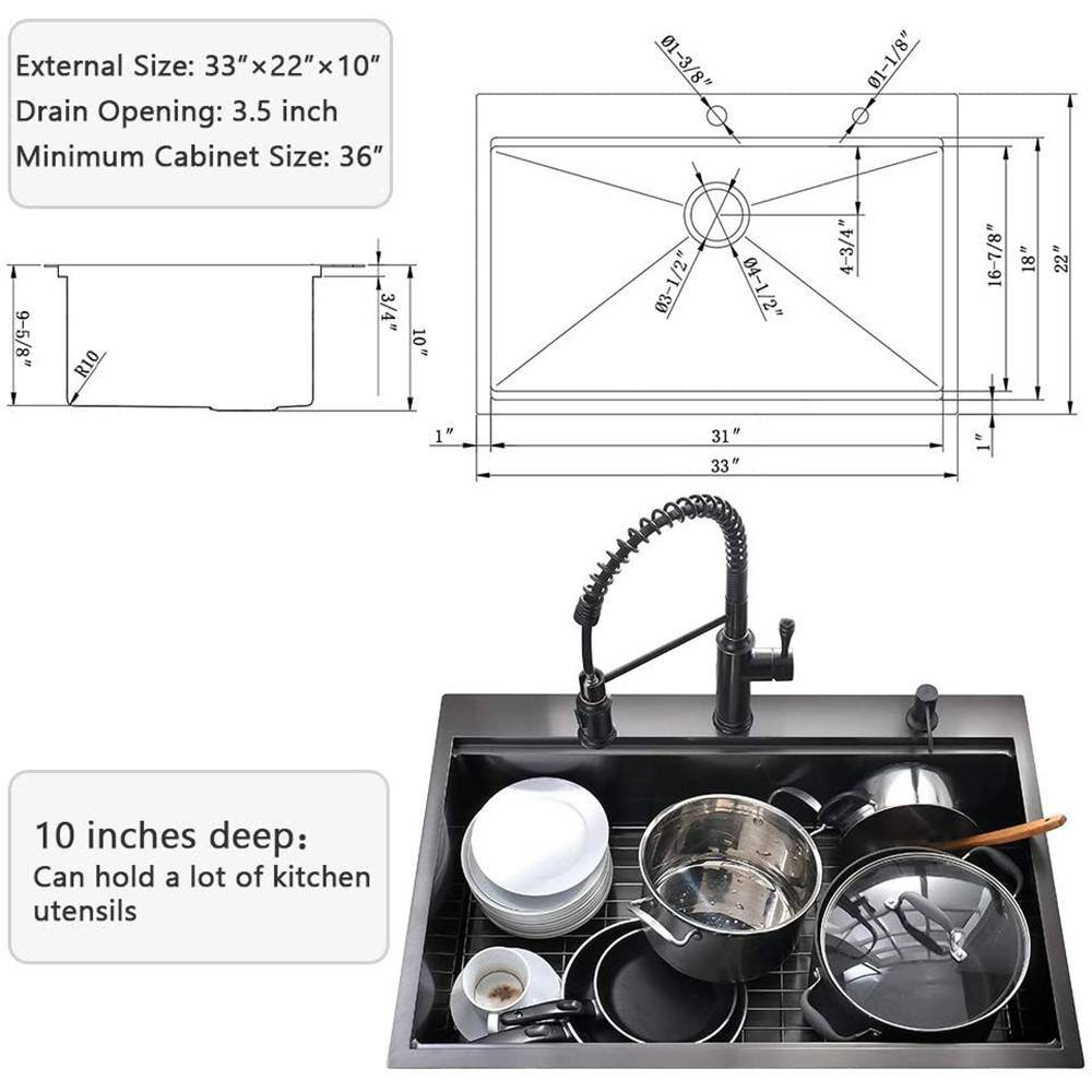 YASINU Stainless Steel 33 in. 2-Hole Single Bowl Drop-In Kitchen Sink with Bottom Grid and Basket Strainer YNSB322MB