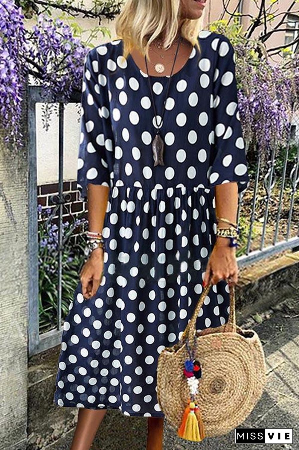 Casual Polka Dots Print Paneled Side Pockets Midi Dress