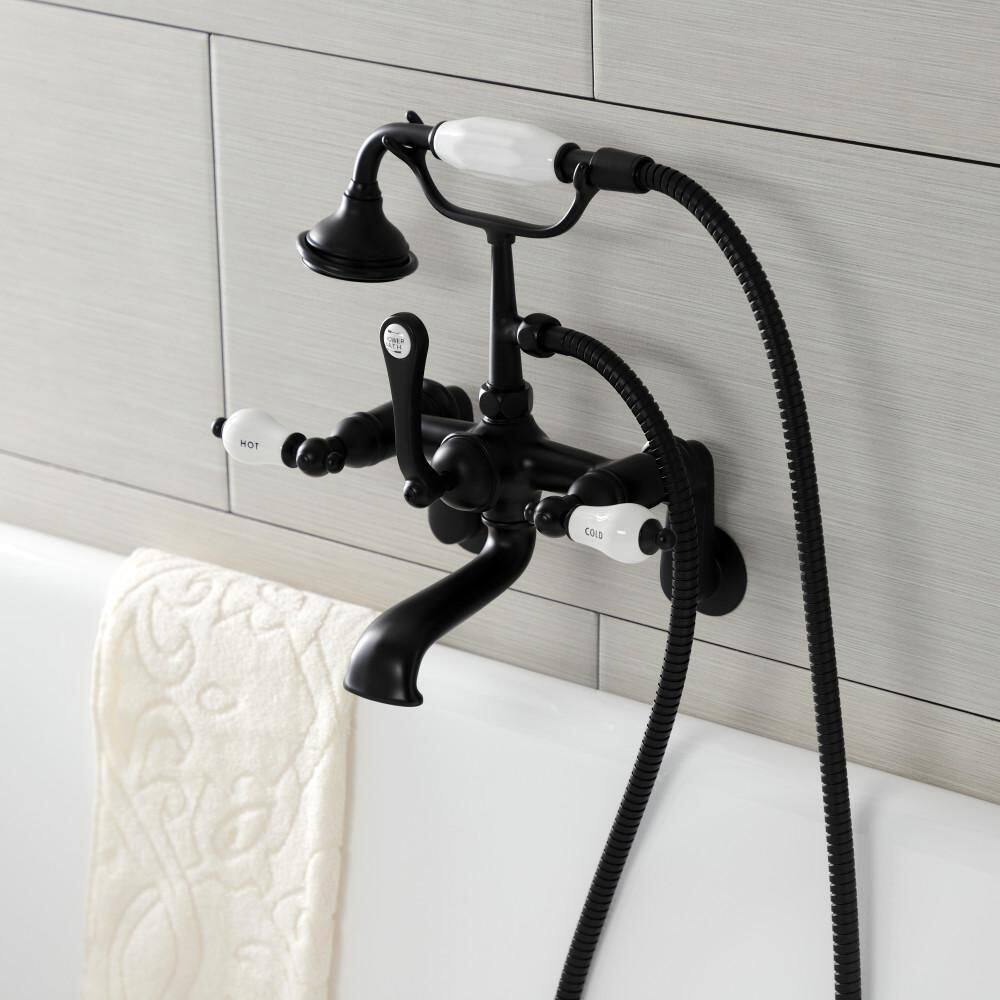 Kingston Brass Aqua Vintage 3-Handle Wall-Mount Clawfoot Tub Faucets with Hand Shower in Matte Black HAE53T0