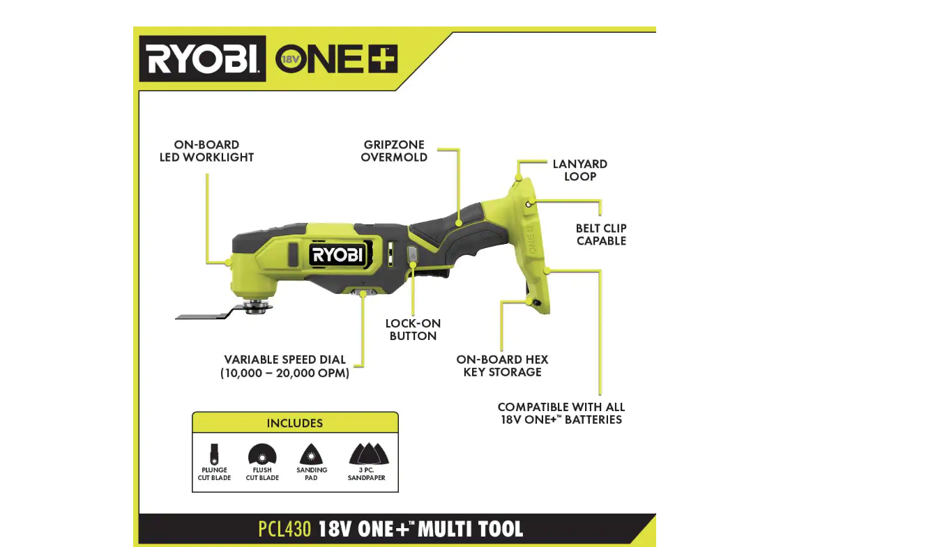 RYOBI PCL1600K2 ONE+ 18V Cordless 6-Tool Combo Kit with 1.5 Ah Battery， 4.0 Ah Battery， and Charger