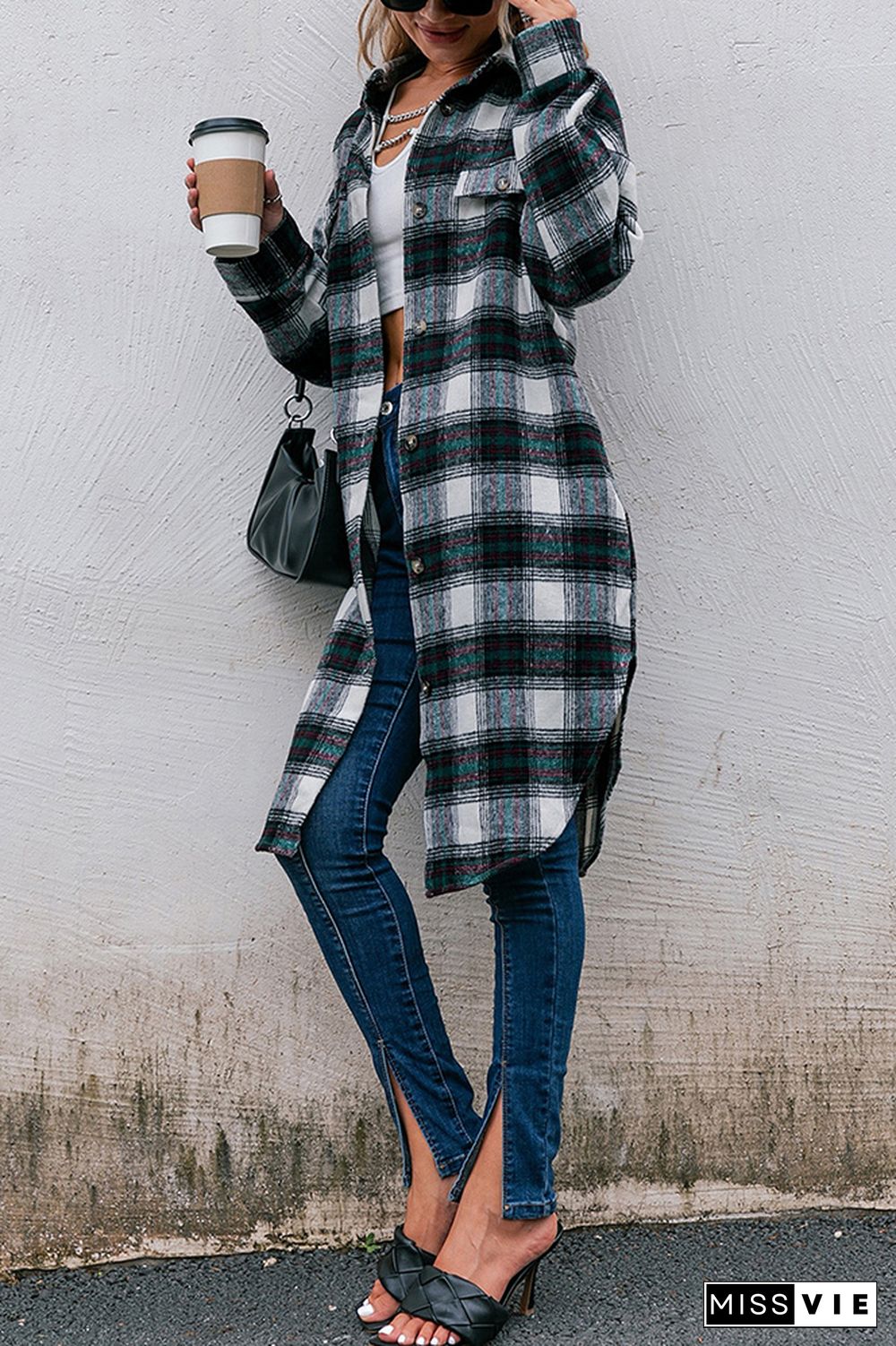 Plaid Long Length Open Button Jacket Coats