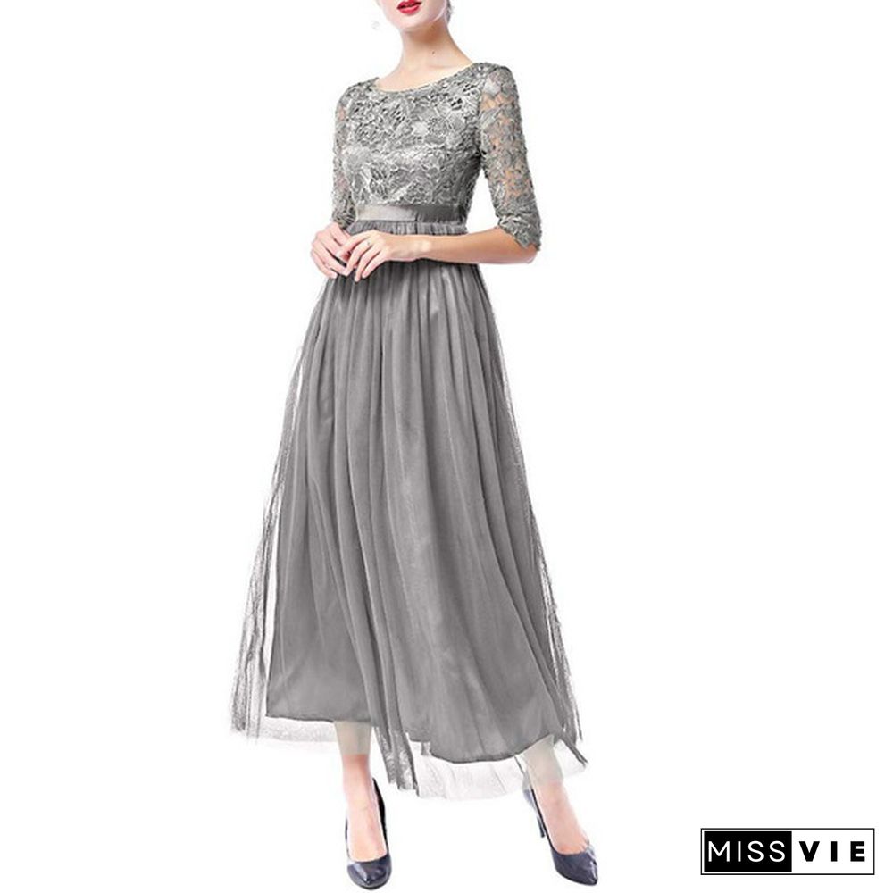 Women's Vintage Floral Lace 3/4 Sleeves Floor Length Retro Evening Cocktail Formal Bridesmaid Gown Long Maxi Dress