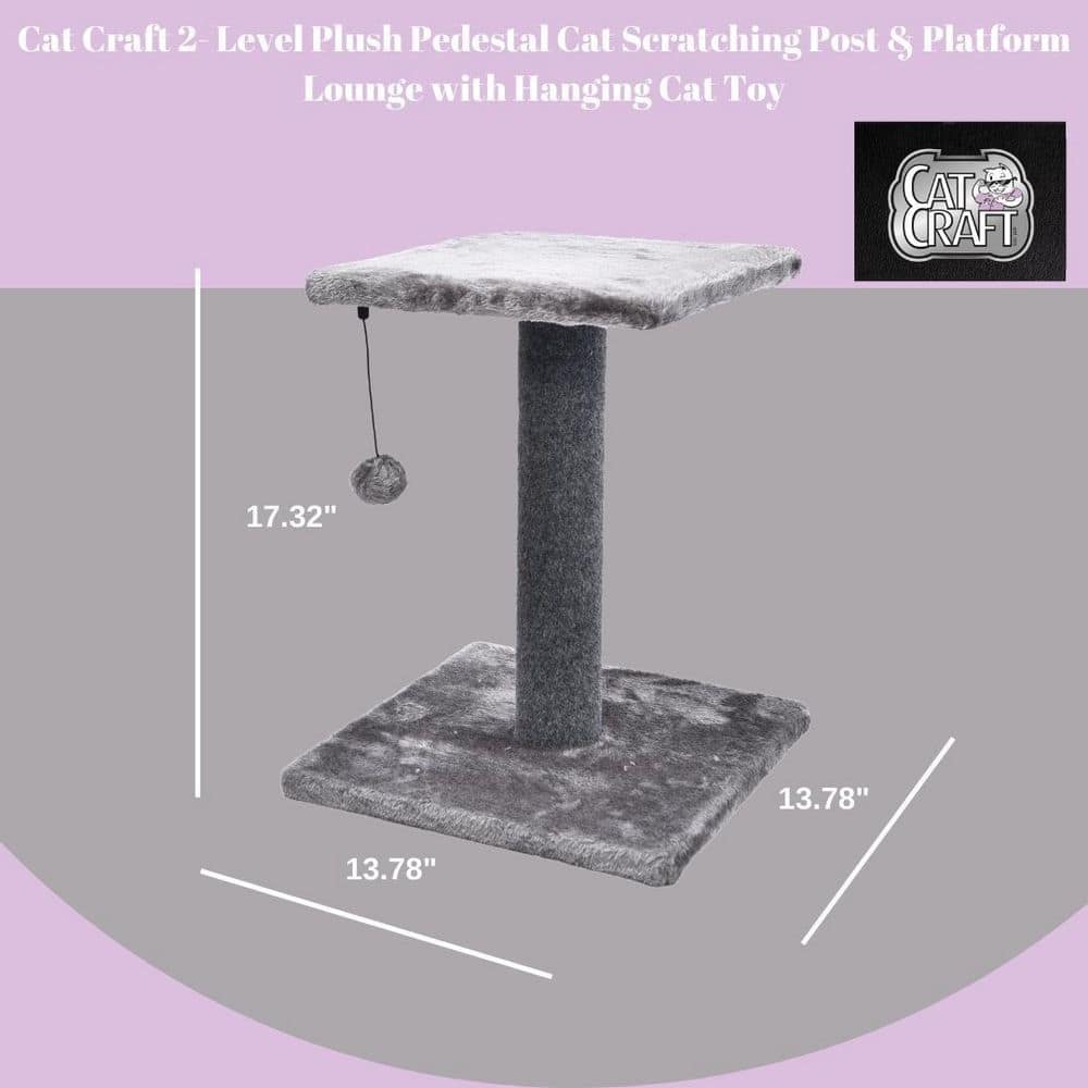 CAT CRAFT 2-Level Plush Pedestal Cat Scratching Post and Platform Lounge with Hanging Cat Toy, Gray 40520