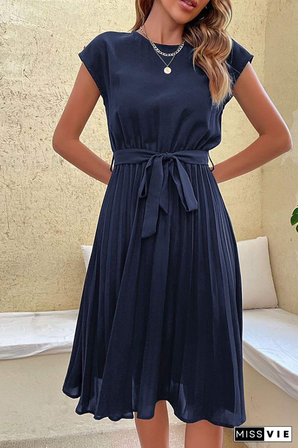 Plain Pleated with Belt Short Sleeves Midi Dress