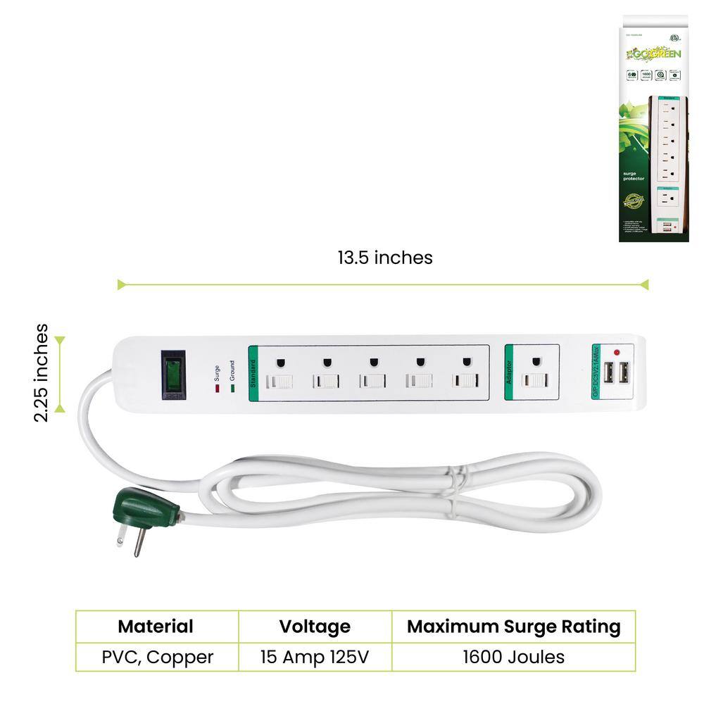 GoGreen Power 6 Outlet Surge Protector w 6 ft. Heavy Duty Cord GG-16326USB