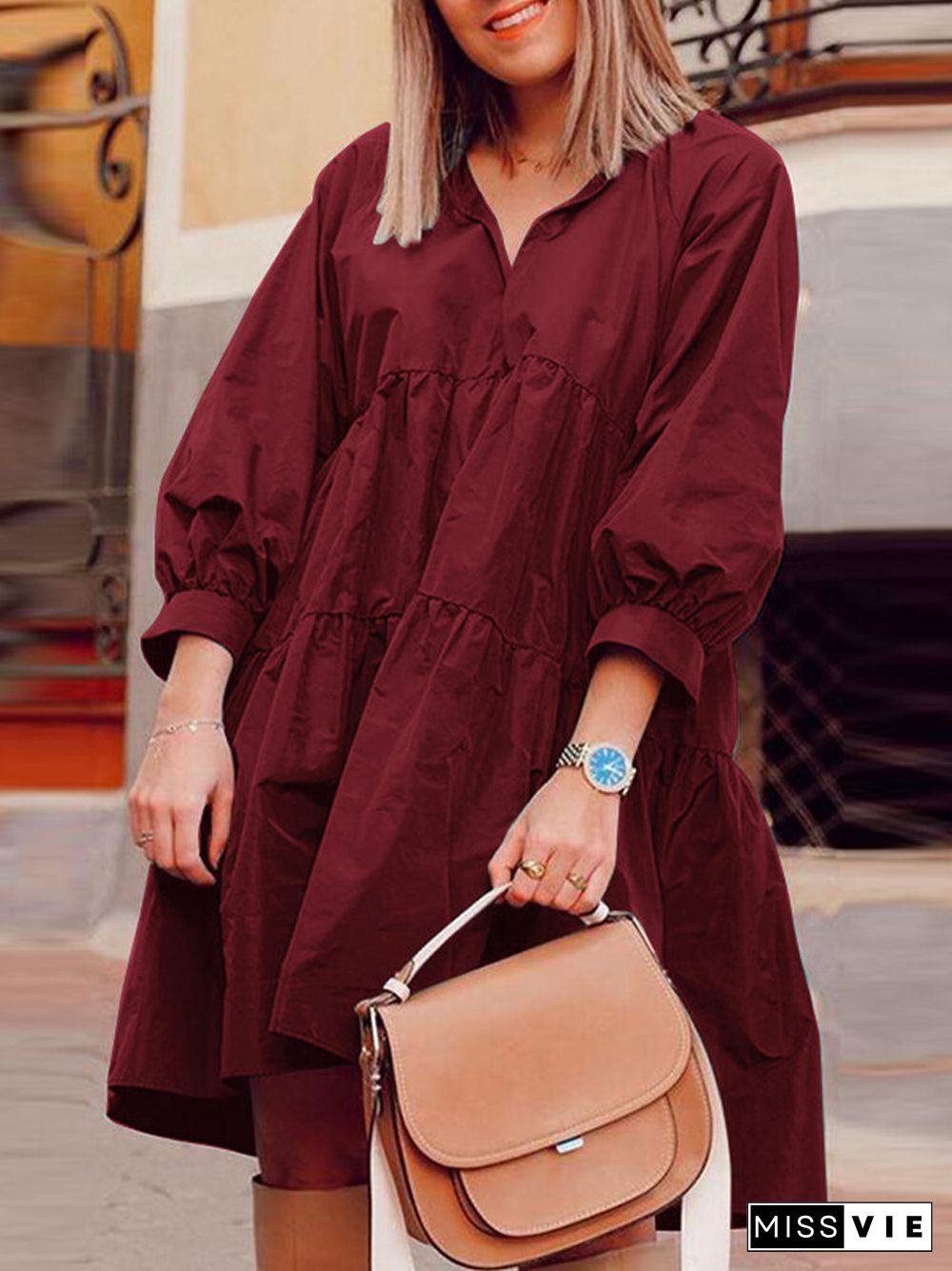 Solid Color Lapel V-neck Collar Lantern Sleeve Midi Dress