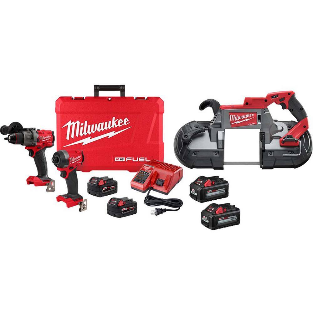 MW M18 FUEL 18-Volt Lithium-Ion Brushless Cordless Hammer DrillBand SawImpact Driver Combo Kit 3-Tool with (4) Batteries 3697-22-2729-20-48-11-1862