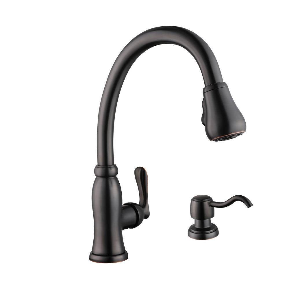 Glacier Bay Pavilion Single-Handle Pull-Down Kitchen Faucet with TurboSpray and FastMount and Soap Dispenser in Bronze HD67780-0027D