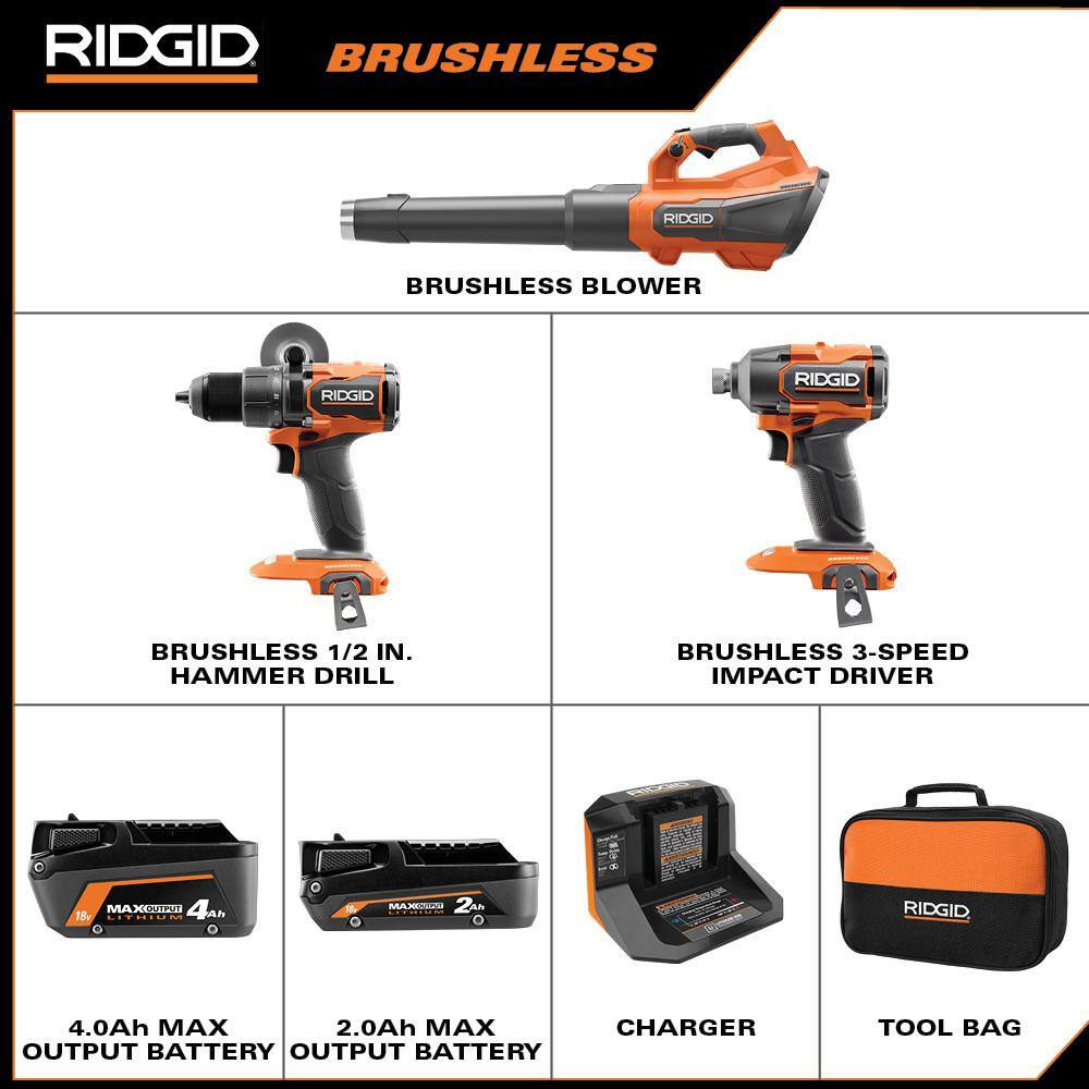 RIDGID 18V Brushless Cordless 510 CFM 110 MPH Blower with 2-Tool Combo Kit (2) Batteries and Charger R01601B-R9209