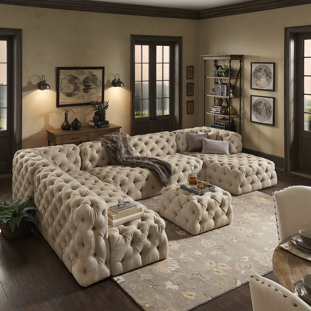 Knightsbridge II Beige Linen Tufted Chesterfield Modular U Shape with Chaise Sectional by iNSPIRE Q Artisan