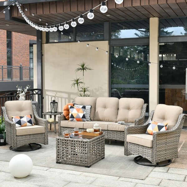 HOOOWOOO 5piece Patio Wicker Furniture Conversation Set with Swivel Chair and Coffee Table