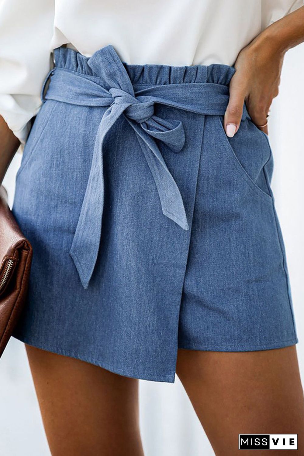 Denim Belted Ruffle Asymmetric Shorts