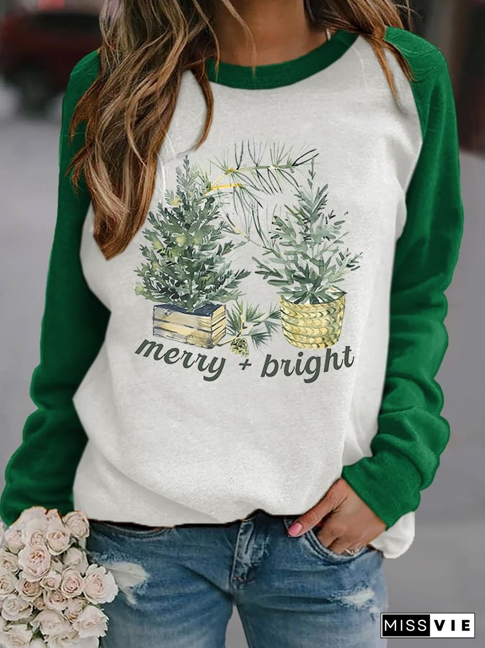 Women's Casual Merry & Bright Print Long Sleeve Sweatshirt