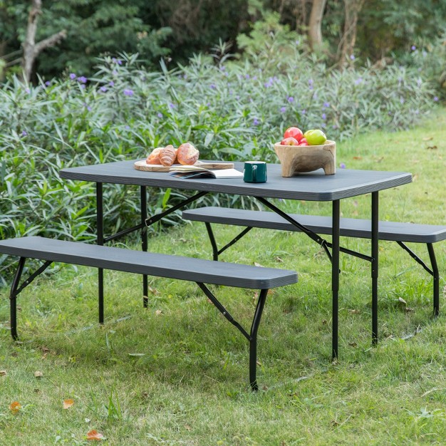 Gardenised Gray Outdoor Foldable Woodgrain Portable Picnic Table Set