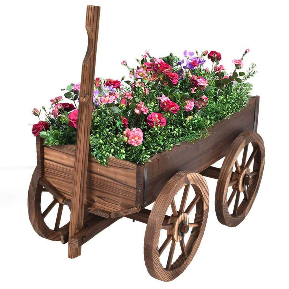 Wooden Wagon Flower Pot Flower Pot Stand with Wheels Home Garden Outdoor Decoration 169610506