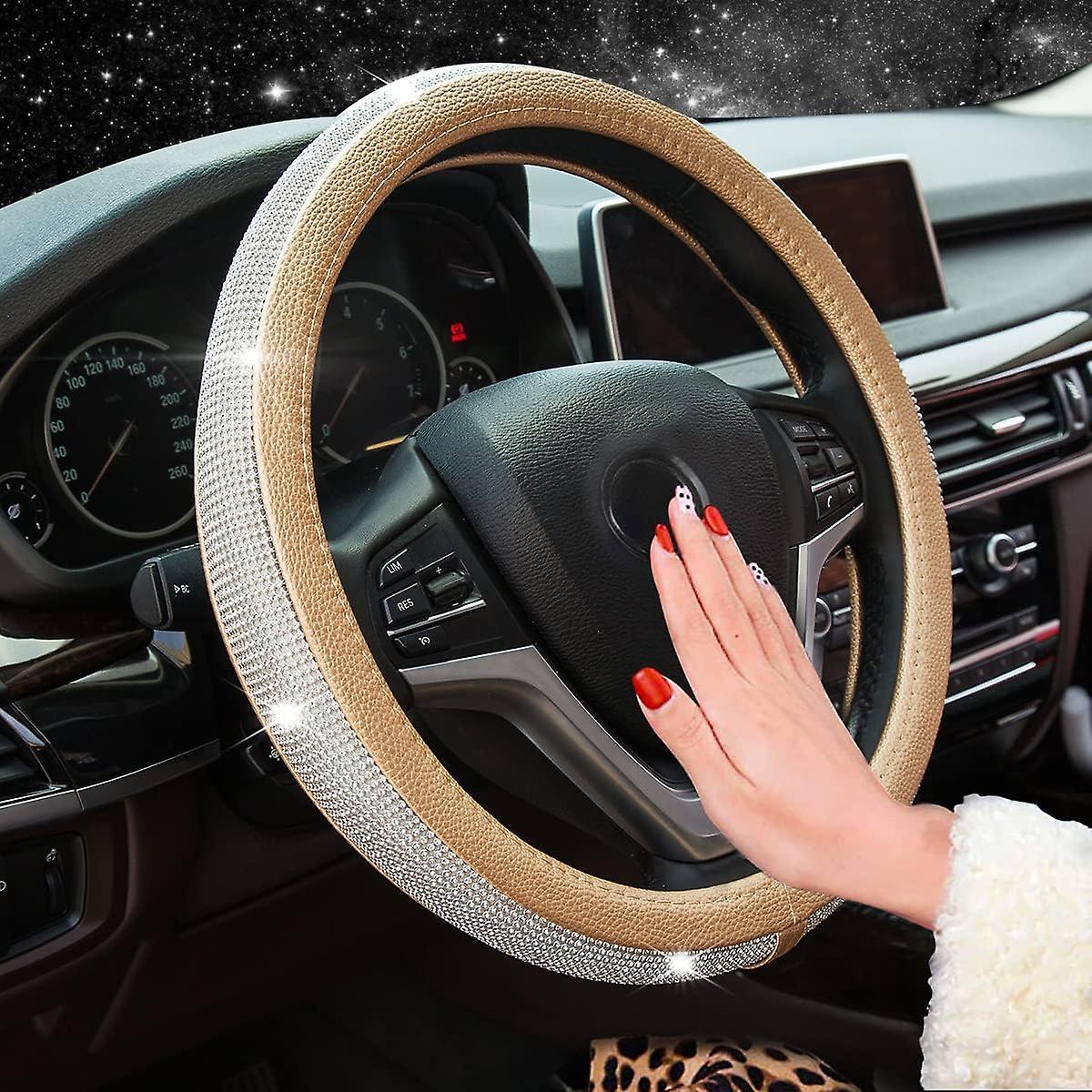 New Diamond Leather Steering Wheel Cover With Bling Bling Crystal Rhinestones， Universal Fit 15 Inch Anti-slip Wheel Protector For Women Girls，gold