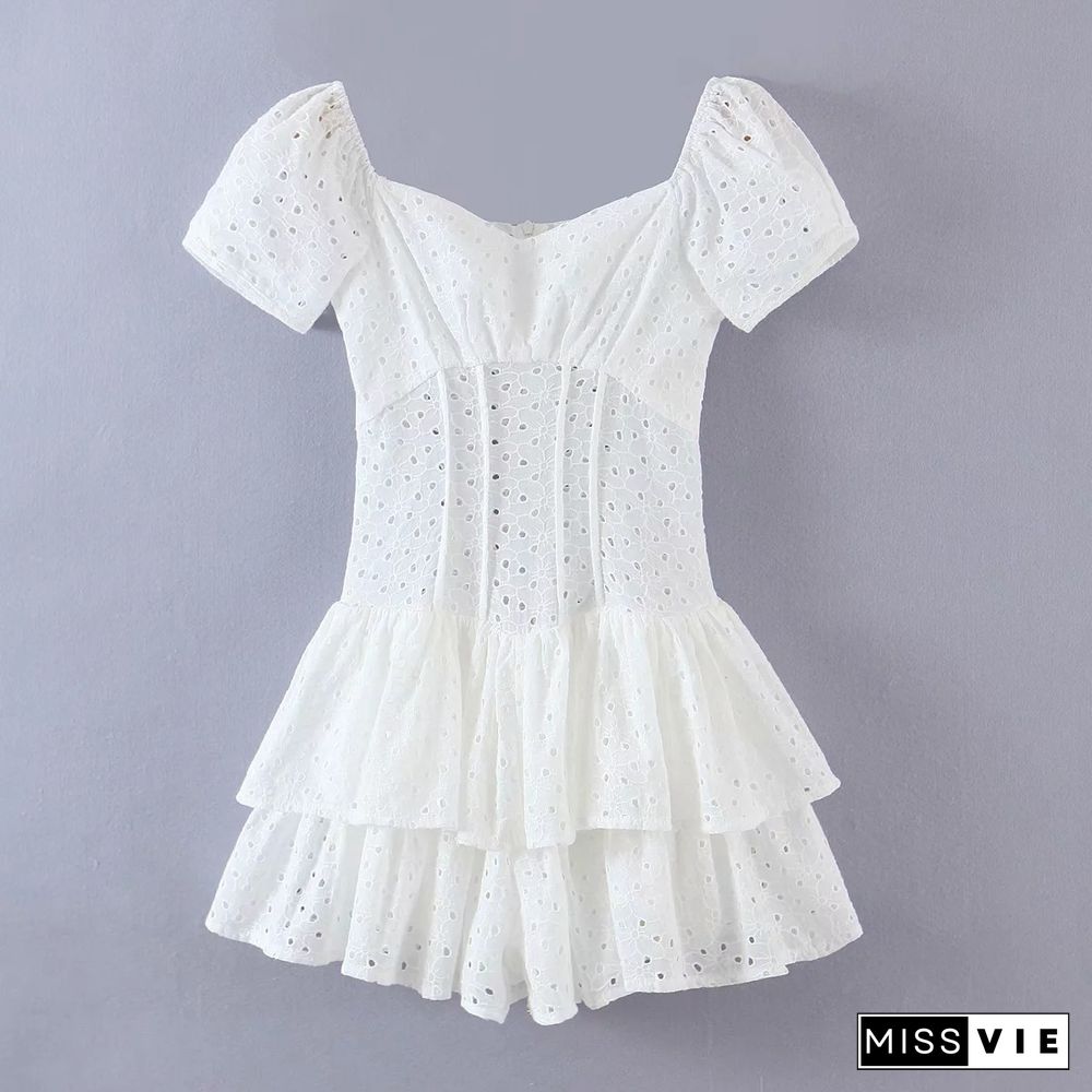 Casual Elegant Dress Summer Women Puff Sleeve White Solid Mini Dress Female Double Hem Corset Belt Chic Thin Slim Waist Dresses