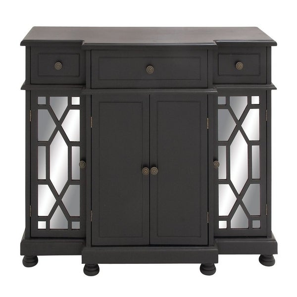 Wood Glam Cabinet with Geometric Mirror， Black， 43