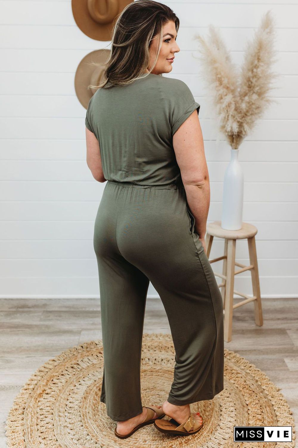 Green Drawstring Straight Leg Wrap V Neck Plus Size Jumpsuit