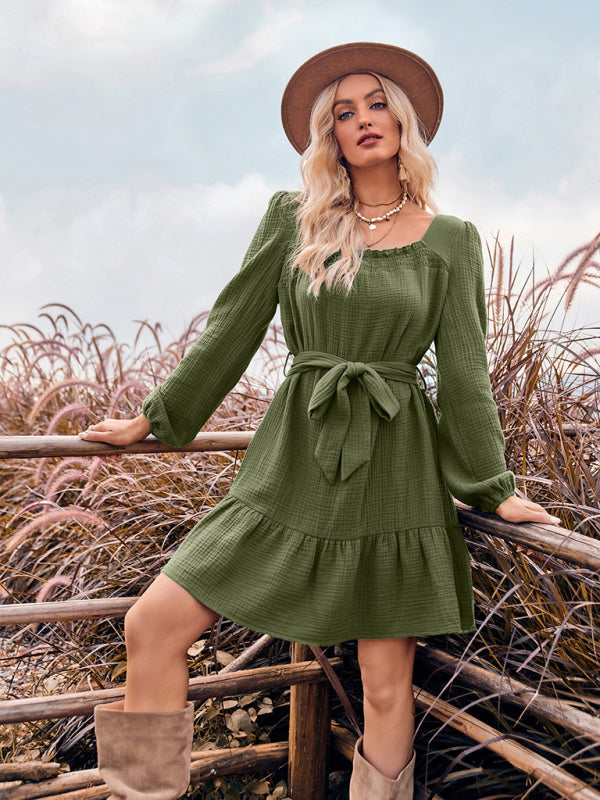 Women's U-neck narrow waist long sleeve trendy dress