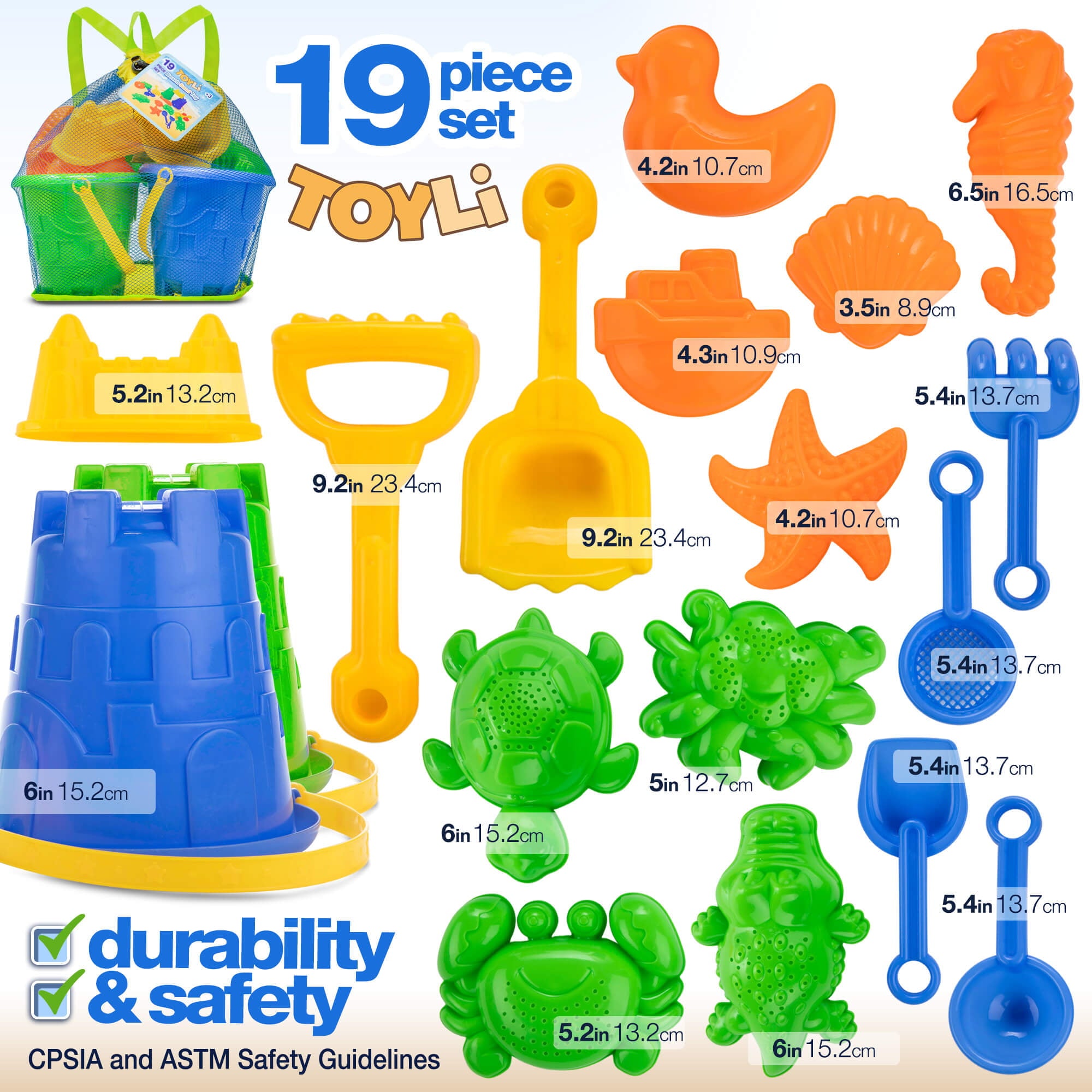 TOYLI Sand Toys Beach Set 19 Pieces, Sand Buckets, Molds, Pail and Shovel Set for Kids Beach Toys